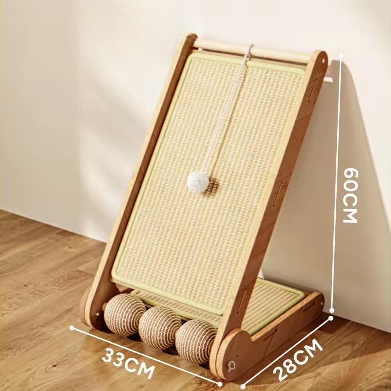 Planche à gratter murale pliante pour chat, panneau de fibres de densité moyenne (MDF) avec jute et balle.
