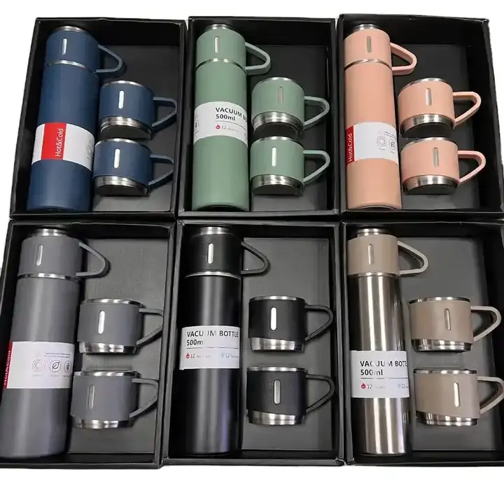 Hot Sale Custom Reusable Coffee Thermal Bottle One Cup Two Lid Gift Box Tea Mugs 304 Stainless Steel Vacuum Flask Gift Set