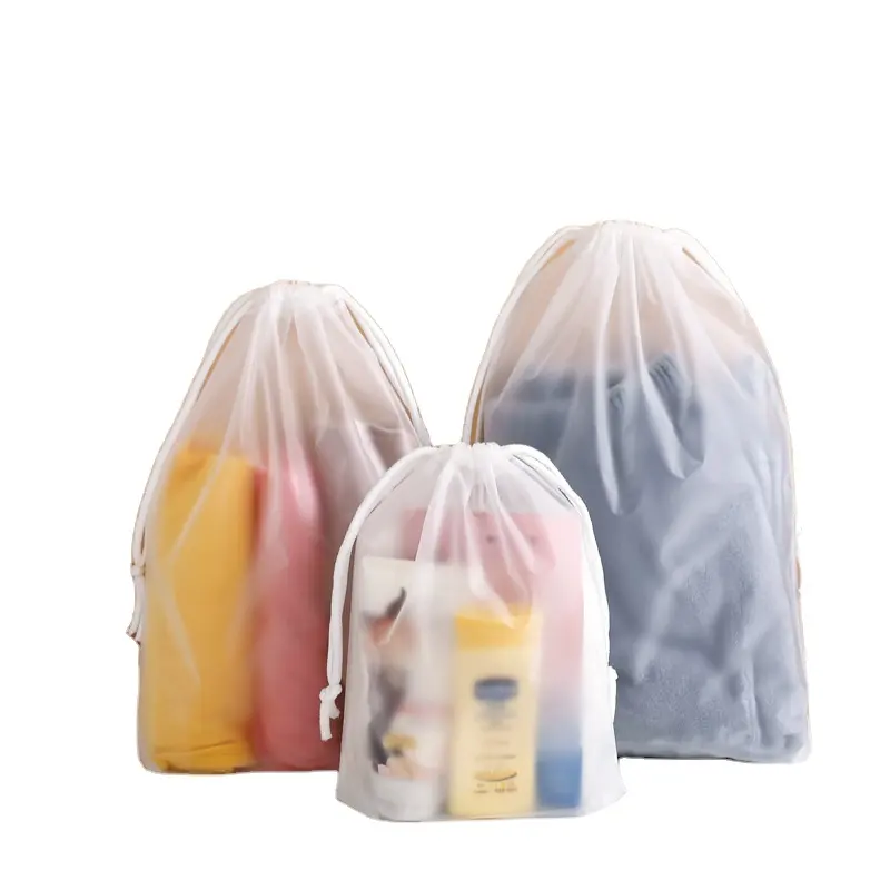 Custom Pouch Pe frosted Towel Cotton Paper Tissue Plastic Rope Packaging Clothes Jute Drawstring Bag With Zipper Pocket