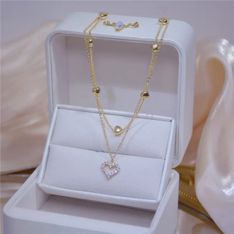 Colar coração bling 14k ouro real, camada dupla, colar de coração, corrente, clavícula, zircônia cúbica, pingente de colar para meninas