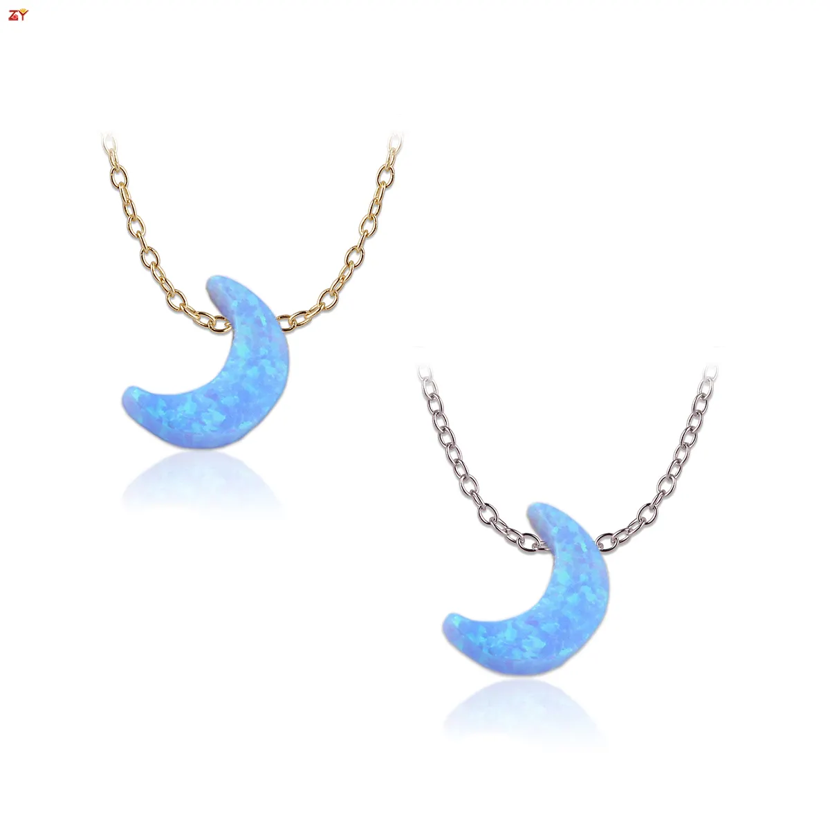 Vendita calda collana mezza luna 18k placcato oro personalizzare gioielli colore sintetico opale blu luna gemme 925 catena d'argento