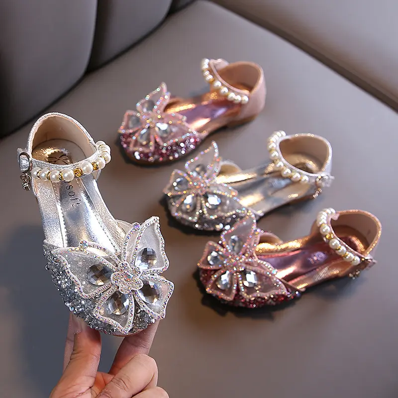 Chaussures habillées pour filles, chaussures à strass avec perles, papillon, chaussures de fête et de mariage pour petits enfants, tout-petits