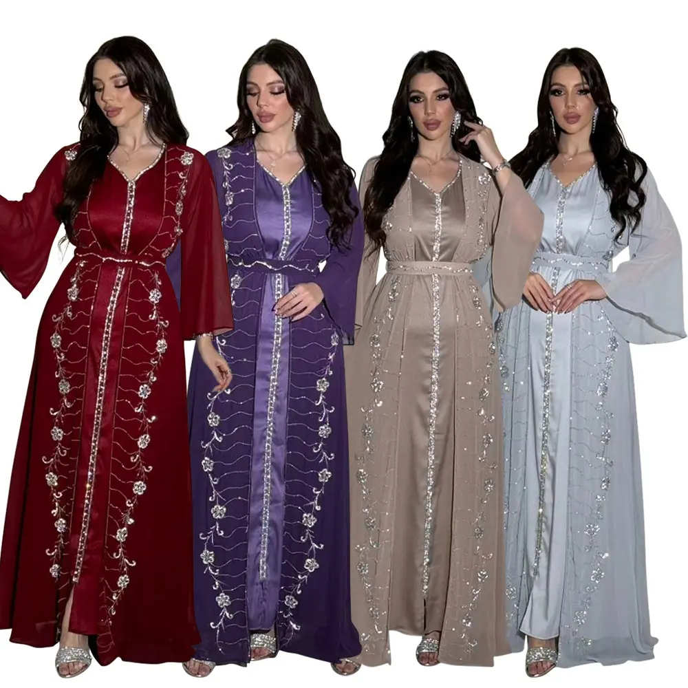 J-23 Vier-Jahreszeiten Pendelweste + offenes Kleid Chiffon gepresste Diamant-Abaya damen muslimisches Kleid