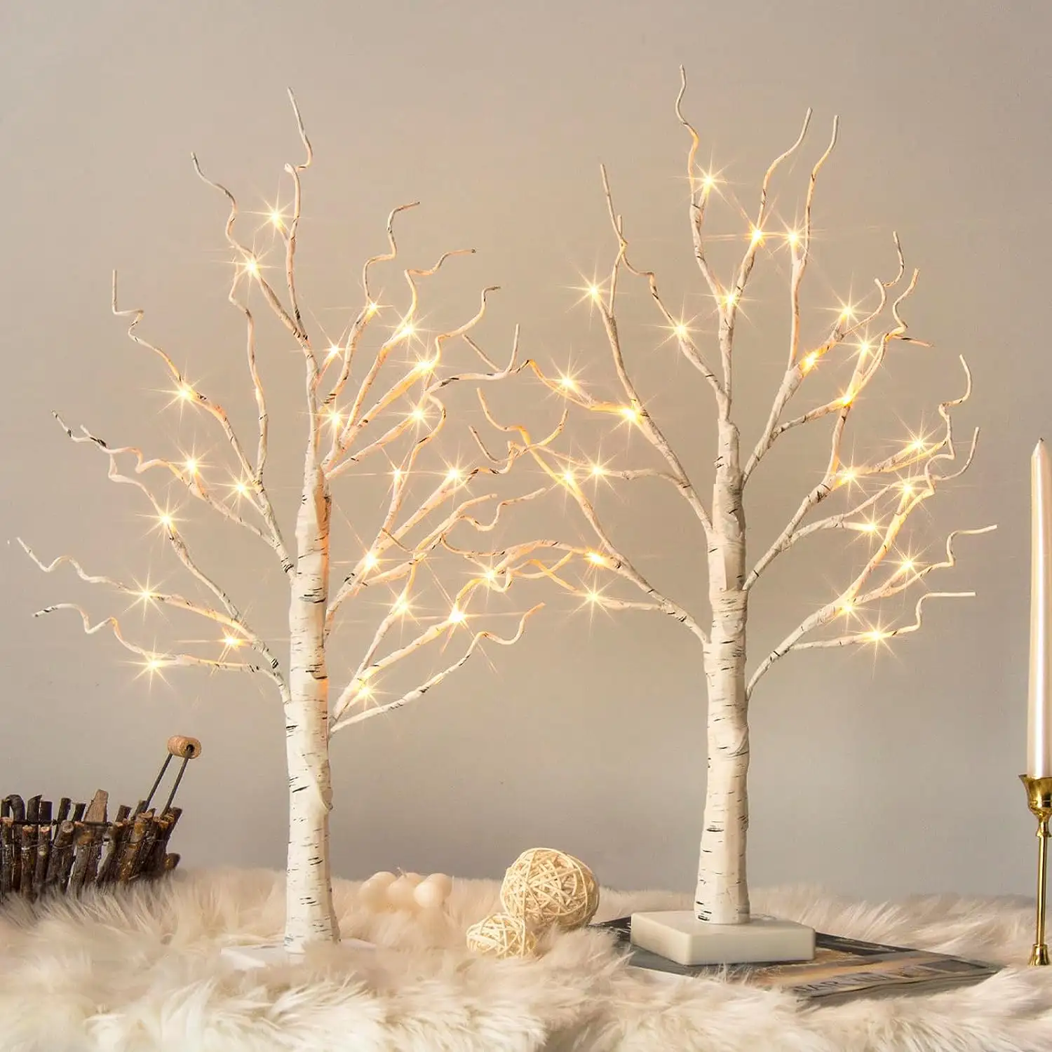 Mini árbol artificial de mesa con pilas para centro de mesa de Navidad Mantel Decoraciones de verano Árbol de abedul iluminado