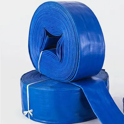Manguera plana de PVC azul duradera de fabricación, tubería plana de plástico de 3 y 5 barras, 1, 2, 4, 6, 8, 10, 12, 14 y 16 pulgadas para agricultura de riego por retrolavado