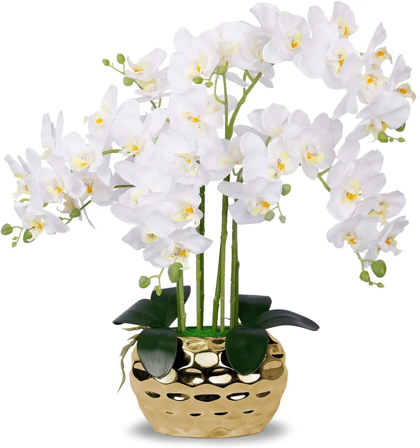 Yapay orkide altın vazo beyaz sahte orkide bitki altın saksı çiçeği aranjmanı beyaz çiçekler