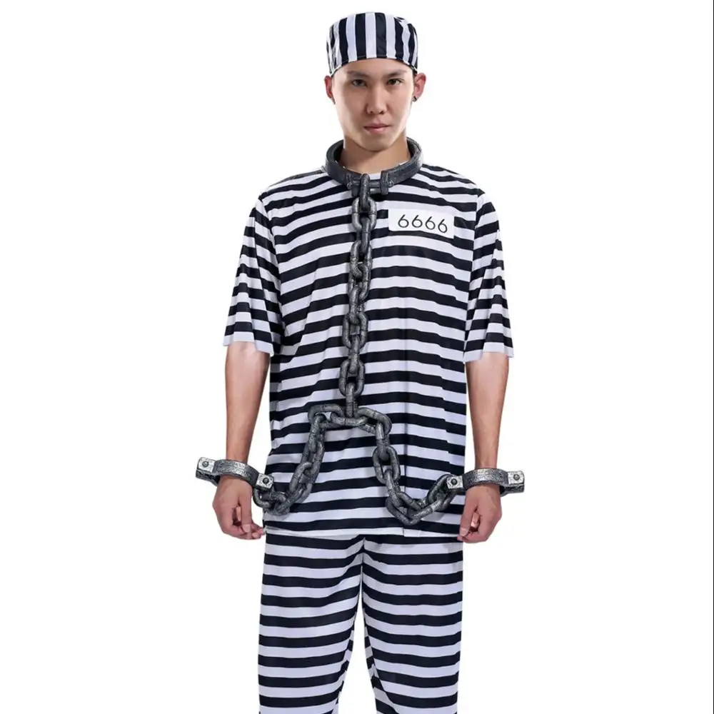 Disfraz de Cosplay de Halloween para hombre, traje de ropa de policía, rayas blancas y negras, uniforme de prisionero, HSG0275