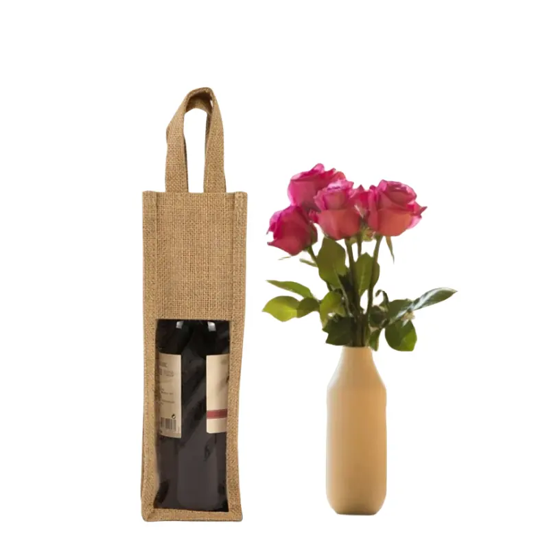 カスタムロゴプリント再利用可能な紙ワインボトルパッキングジュートバッグ食品産業用クリアPVC黄麻布トートシングルバッグを印刷