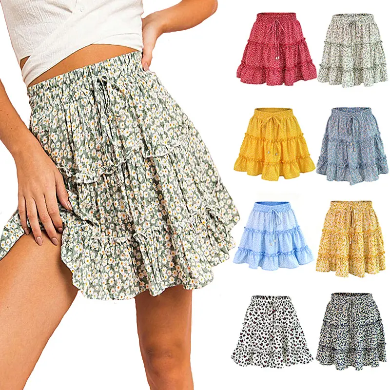 夏の花柄自由奔放に生きるセクシーなミニスカート女性包帯ファッションハイウエストフリル女性のためのショートスカートプラスサイズプリーツスカート