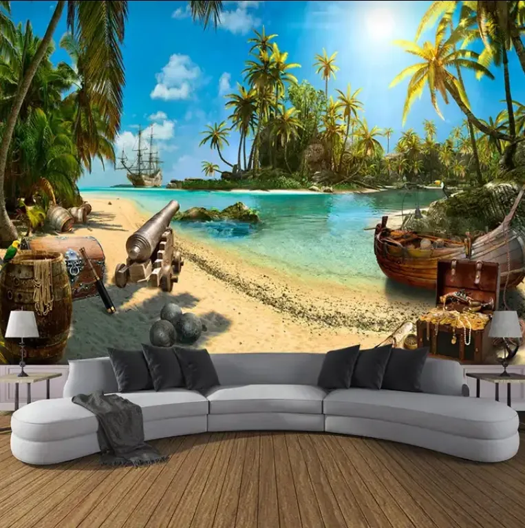 ورق حائط مخصص بأي حجم ثلاثي الأبعاد بأشجار جوز الهند ديكور منزلي شاطئ رملي منظر طبيعي لجزيرة البحر ورق حائط لوحة صور