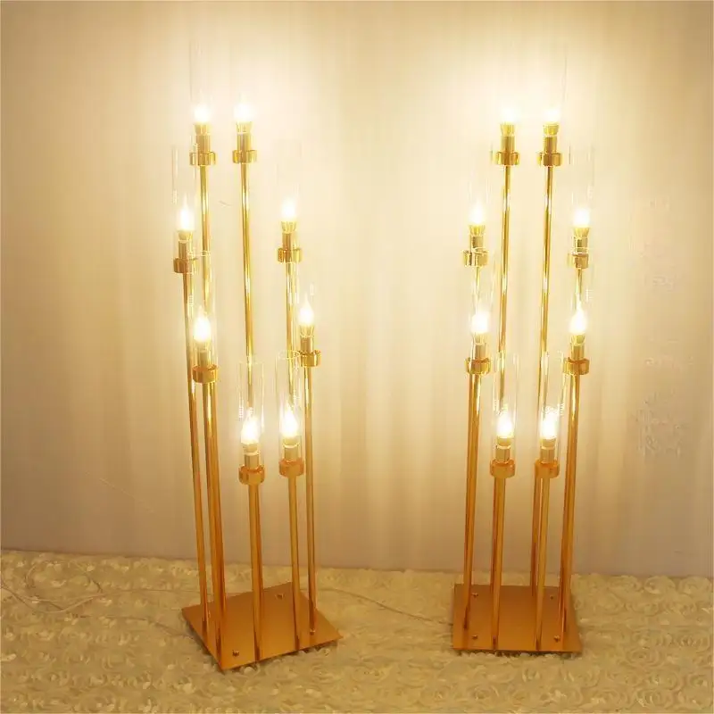 Metallo trasparente tubo oro portacandele 8 braccia tavolo nuziale centrotavola candelabri strada piombo decorazioni per feste