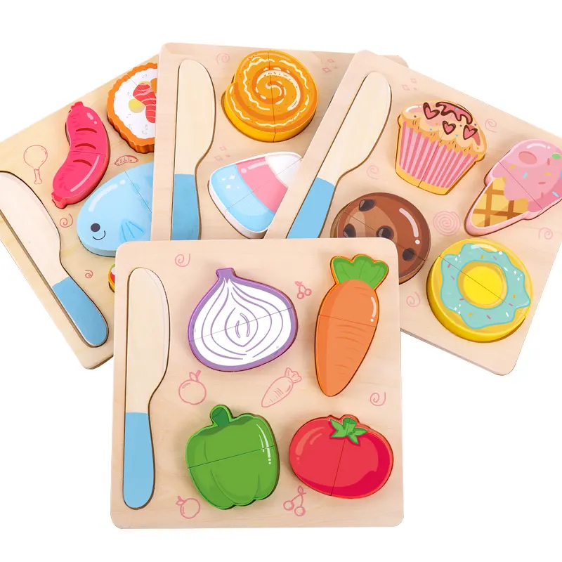 Montessori Education Cut Fruits Vegetables Wooden Toy Set 3D Jigsaw Puzzle Pretend Kitchen Toys For Kids Toddler Boys & Girls