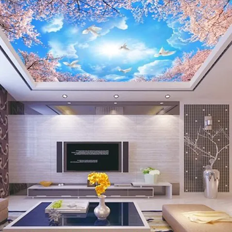 Guangzhou ihouse belleza paisaje cielo azul paloma blanca cereza flor Rama de techo pintado murales