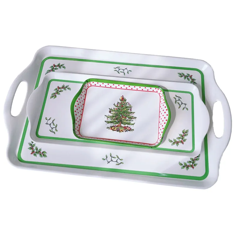 Custom Pattern Color Shape Christmas Plastic Tray With Handle Rectangular Restaurant Household Melamine Serving Tray