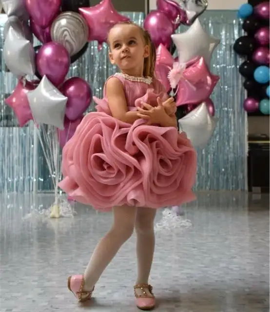 Plisado con cuentas Organza Ruffle Boda Flor Niña Vestido Niños Fiesta de cumpleaños Vestido formal