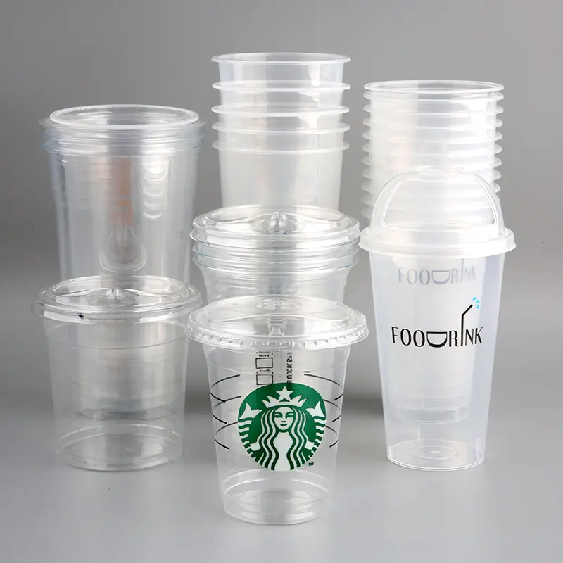 Tasses à dessert en plastique PET avec logo personnalisé vente en gros de 8/10/12/16oz tasses à café jetables en plastique transparent avec couvercle et pailles