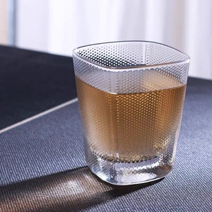 简约布纹玻璃杯方形厚底水晶圆点图案高矮透明家用水杯