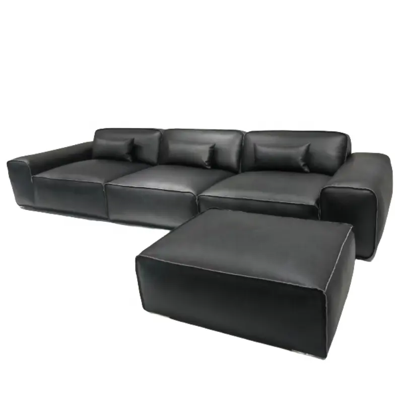 Custom Made Minimalist Furniture Modern Black Leather Sectional Sofa Luxury Couch Living Room Sofa Set 3 Seat with Ottoman Italy