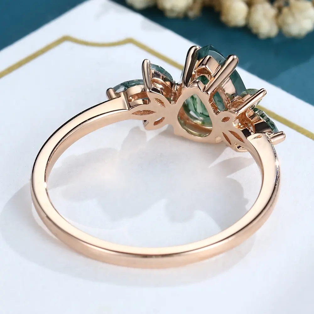 Joyería de ágata de musgo natural chapada en oro rosa, conjunto de anillo de ágata de musgo verde con corte de pera de Plata de Ley 925