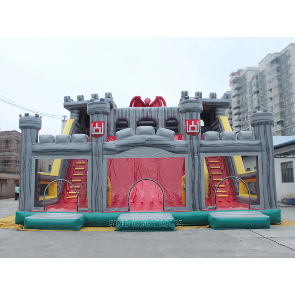 12x10m वाणिज्यिक बच्चों सुरंग के साथ विशाल inflatable मध्यकालीन महल स्लाइड एन चीन से बाधा कोर्स Inflatables फैक्टरी