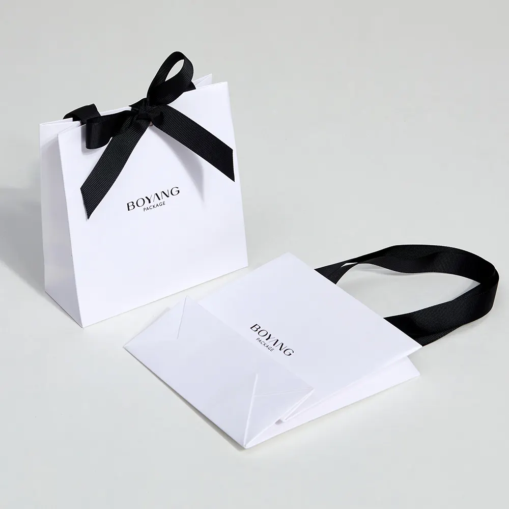 Boyang Grosir Pesanan Khusus Tas Kemasan Kertas Perhiasan Putih Belanja dengan Logo