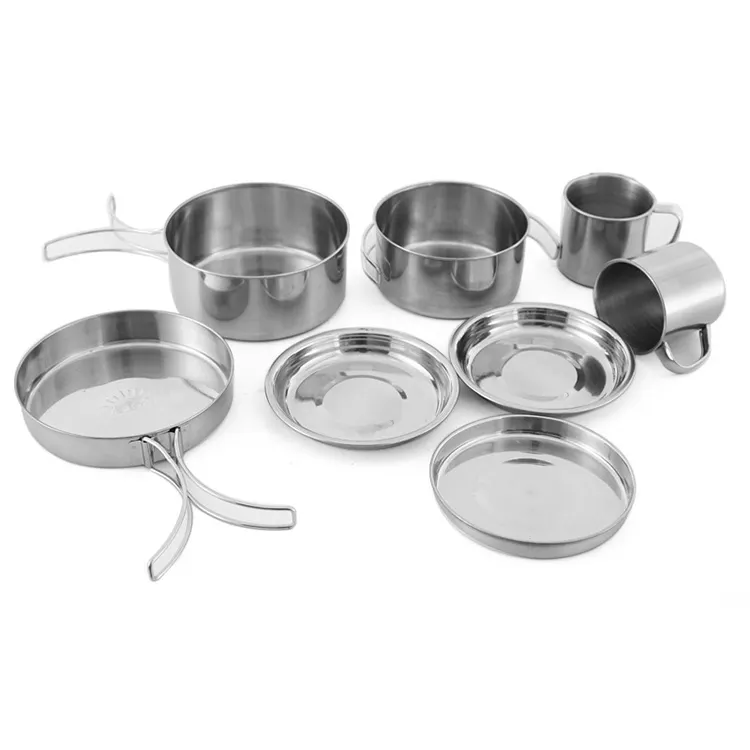 Meilleure vente d'usine bol en acier inoxydable, tasse assiette poêle à frire en plein air randonnée Camping ensemble de casseroles de cuisine 8 pièces