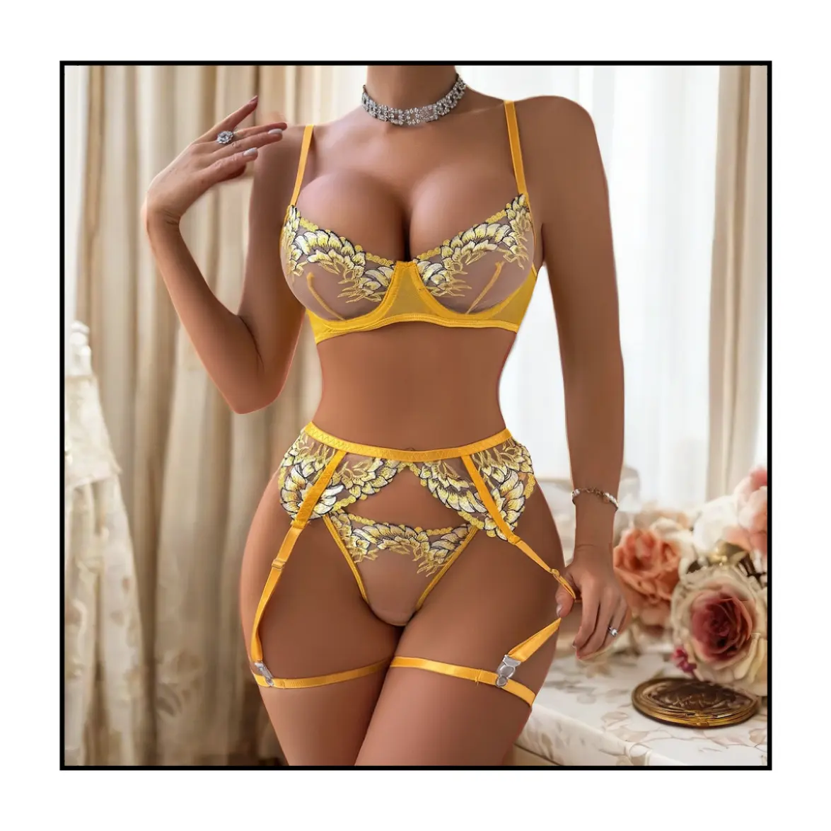 Dames Nieuw Sexy Ondergoed Geel Borduurwerk Peep Ondergoed Thong Bikini Womens Sexy Ondergoed Set Sexy Lingerie Bh