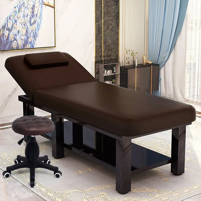 Cama de madera multifuncional para tatuajes, silla facial marrón de alta calidad para masaje, spa, belleza, plegable, con taburete