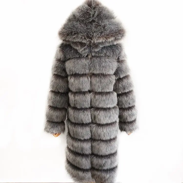 Blouson Long classique en laine pour femme, à la mode, personnalisé, manteau de fausse fourrure de renard, avec capuche, gris, élégant