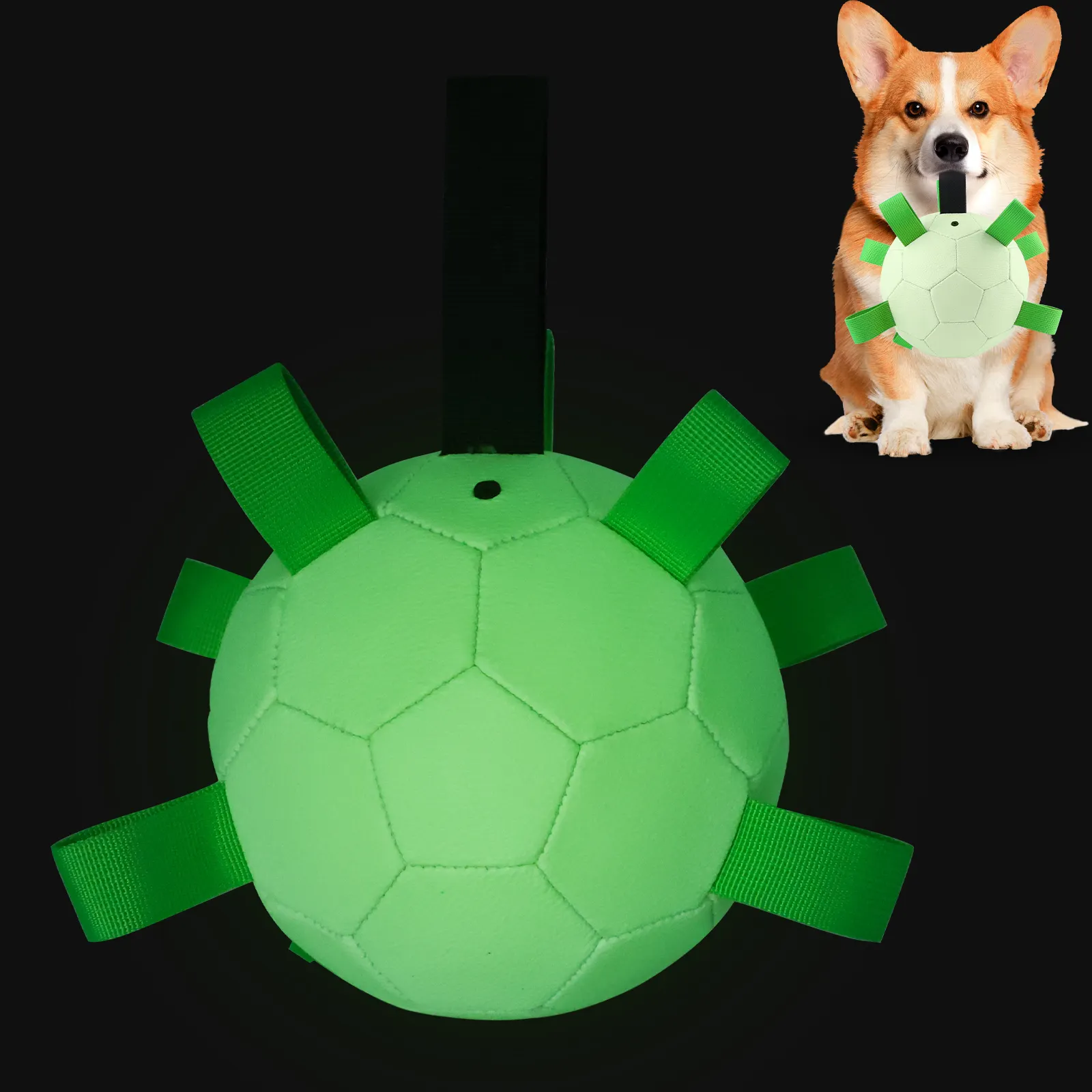 Kinyu 공장 mazon 2024 새로운 특허 소유자 재료 개 축구 공 빛 에서 어두운 발광 공 상호 작용 개 장난감 공
