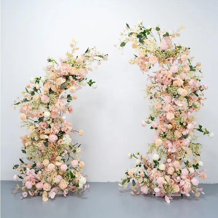 Pink florists horn arch for wedding decoration and event opening celebration background artificial flower arrangements