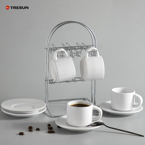 Beyaz seramik çekimler küçük kahve seti 90 ml <span class=keywords><strong>3</strong></span> <span class=keywords><strong>oz</strong></span> Metal tel ağaç standı Espresso bardakları tabaklar ve Metal standı