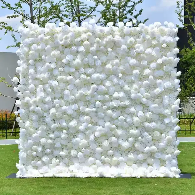 SN-M221 3D tissu dos soie rouler fleurs blanches toile de fond panneau artificiel fleur panneaux muraux décoration murale de mariage