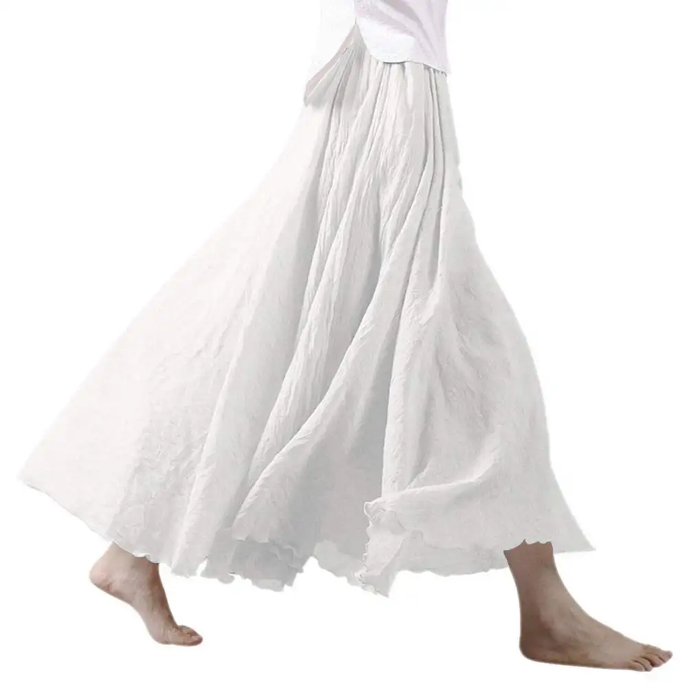 Faldas largas Bohemias de lino y algodón para mujer, Cintura elástica de doble capa, Color sólido, para verano