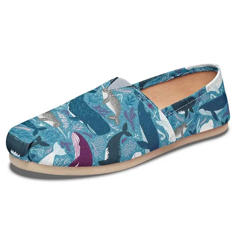 Nuevo modelo ballena fiesta azul impreso primavera damas zapatos casuales zapatos de alta calidad de vida cómoda de las mujeres planas Zapatos perezosos zapatos