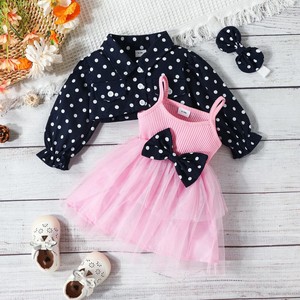 2024 Fall Baby Clothes Infant Set Polka Dots Coat Jacket Sleeveless Princess Mesh Dress Headband 3Pcs <strong>Little</strong> Girls Outfit