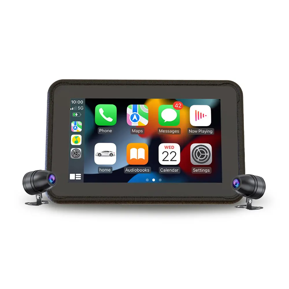Système de navigation GPS pour moto étanche de 5 pouces avec Iphone CarPlay sans fil et Android Auto deux caméras pour moto DVR