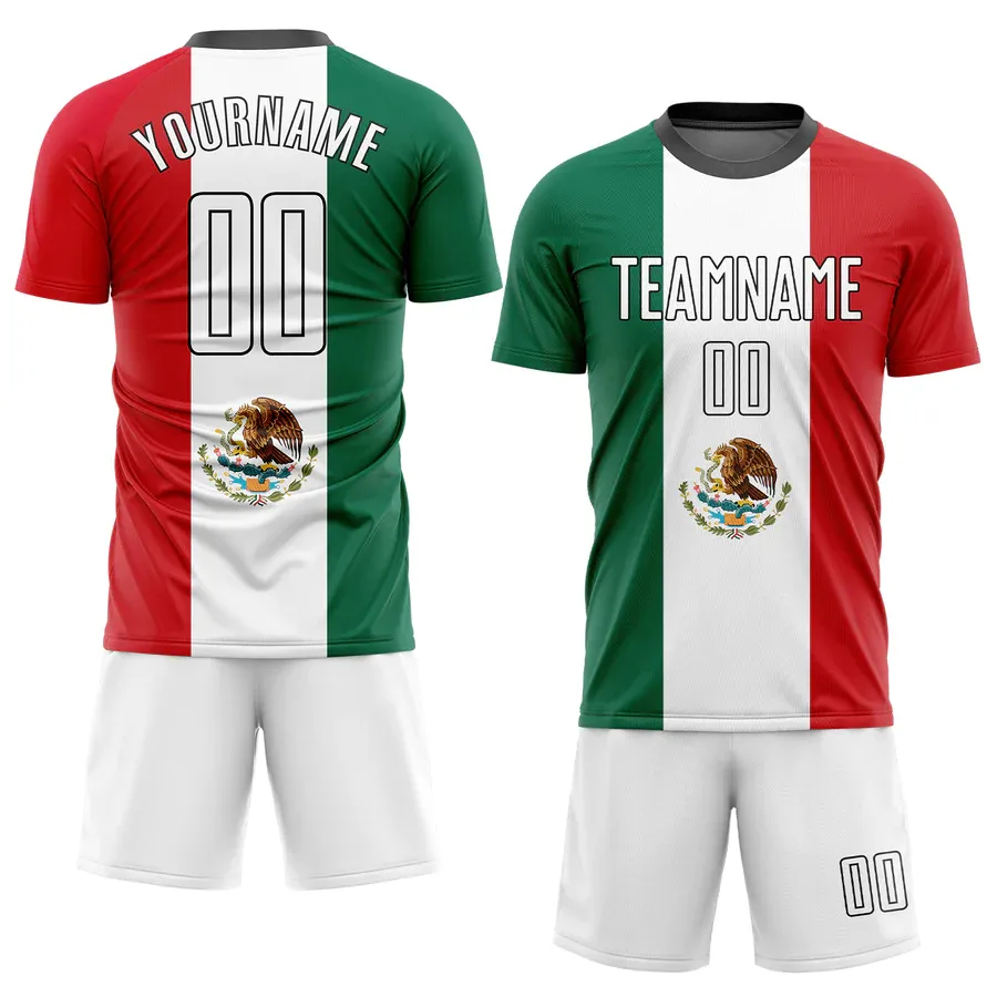 Sublimación Premium Kelly verde blanco rojo-negro bandera mexicana uniforme de fútbol Jersey OEM fabricación México conjuntos de traje de fútbol