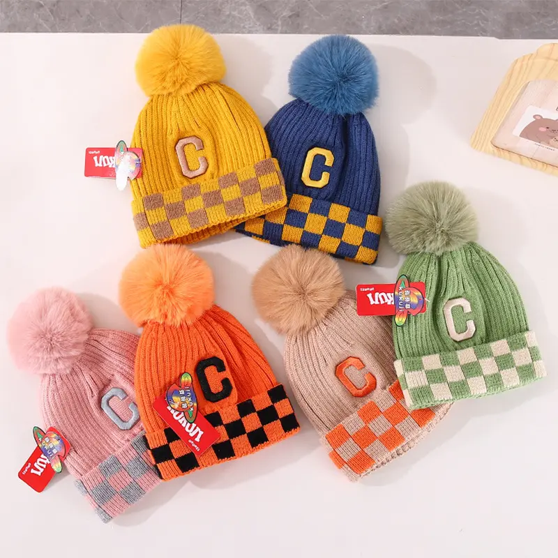 Gorro cálido con pompón para bebé, gorros tejidos con letras, jersey para niño y niña