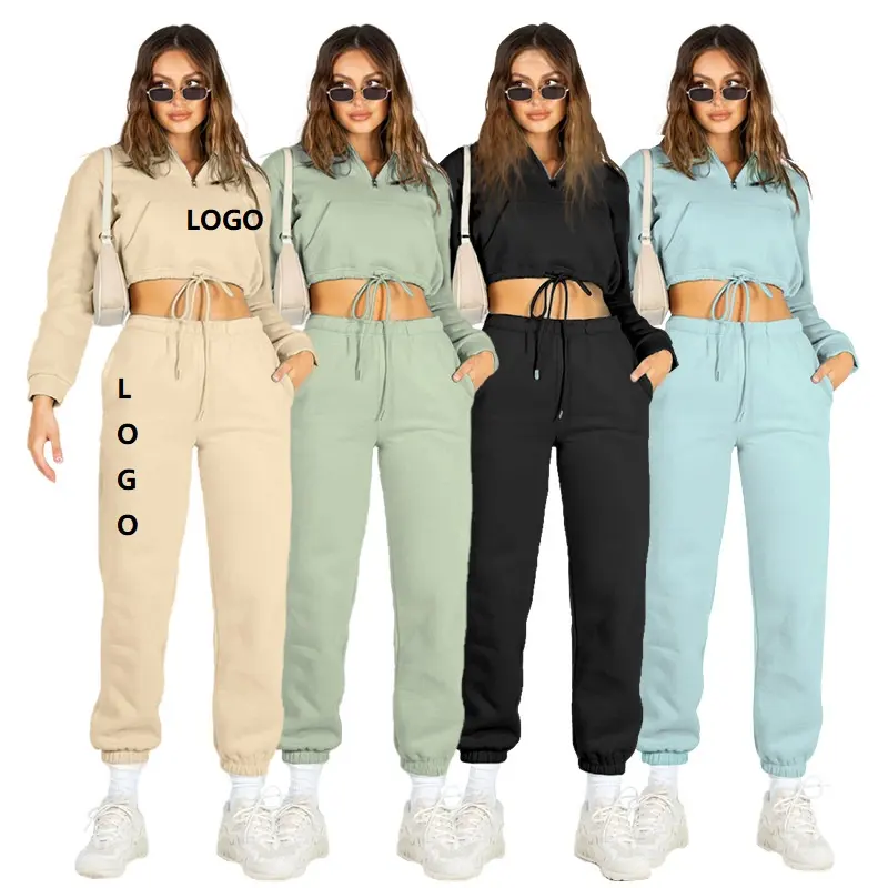 Logo personalizzato Jogger Gym Crop Top felpa con cappuccio Oversize felpa due pezzi inverno Set abbigliamento donna pantaloni e pantaloni da donna Set