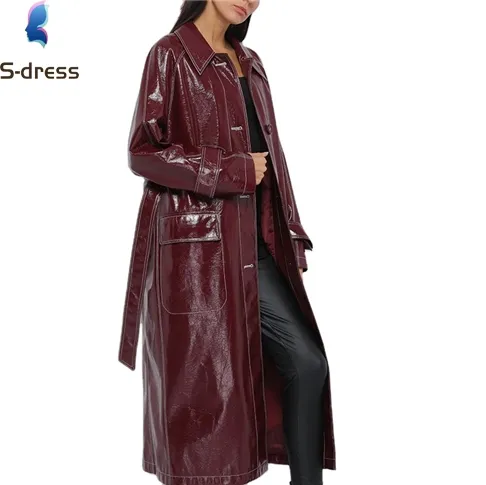 Trench rouge vin Slim moto Pu manteau en cuir long slim avec ceinture trench en cuir pour femmes