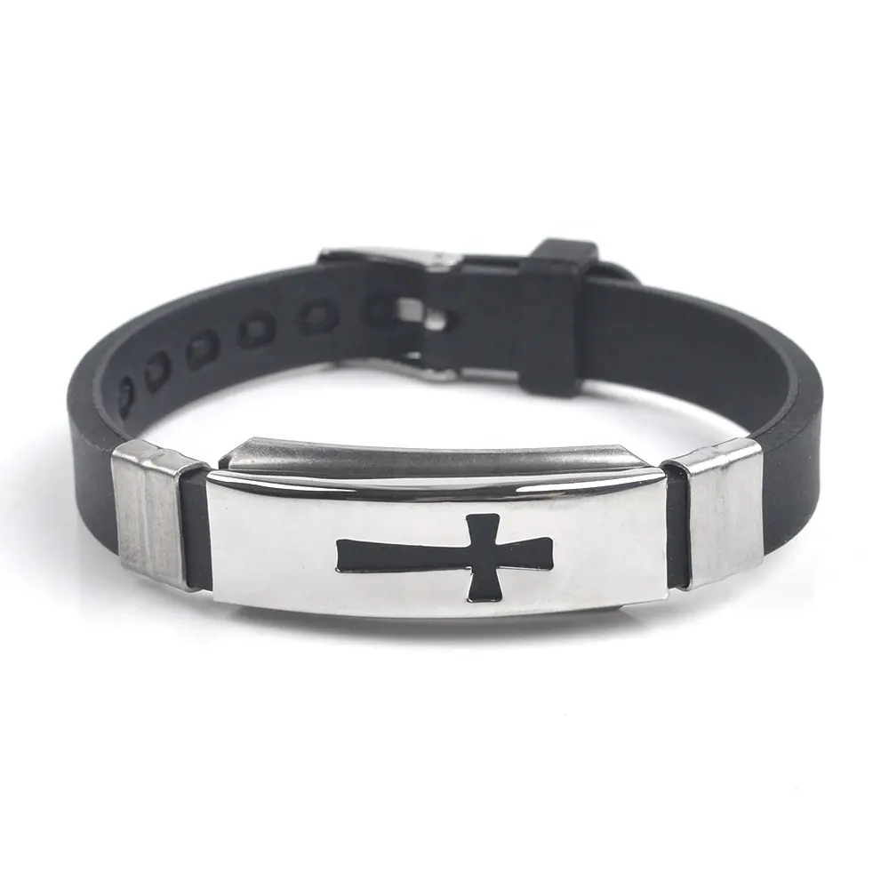Pulseira de silicone cruz de aço inoxidável, pulseira religiosa, presentes para homens, mulheres, pulseira católica