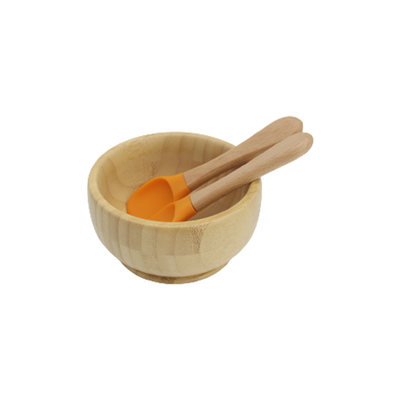 Bol en bambou avec cuillère et fourchette M-537#(Orange douce)