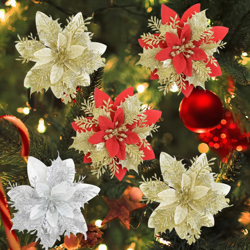 Noel çiçekler kırmızı Glitter toz çiçek kafaları ev ağacı süsler Navidad parti masa ayarı için dekor malzemeleri