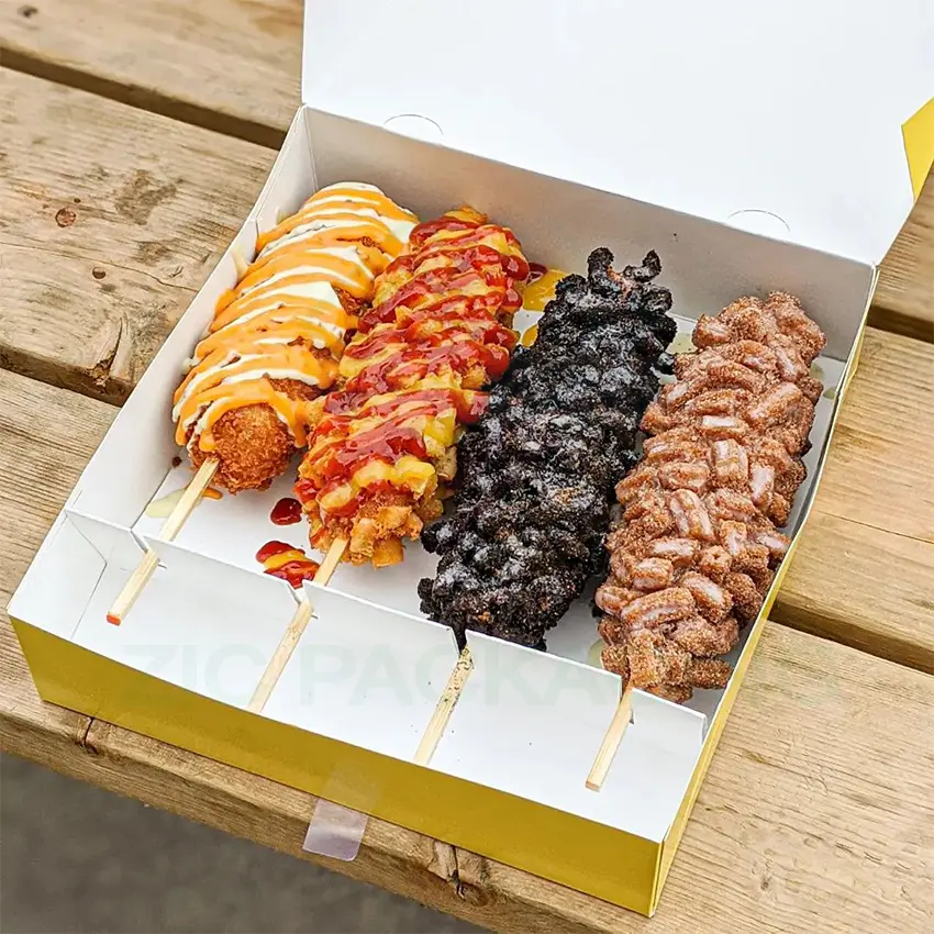 Top Hersteller Günstiger Preis Benutzer definierter Druck Hot Dog Take Away Boxen Papier Corndog Box Verpackung 5 Stück Corn Dog Box