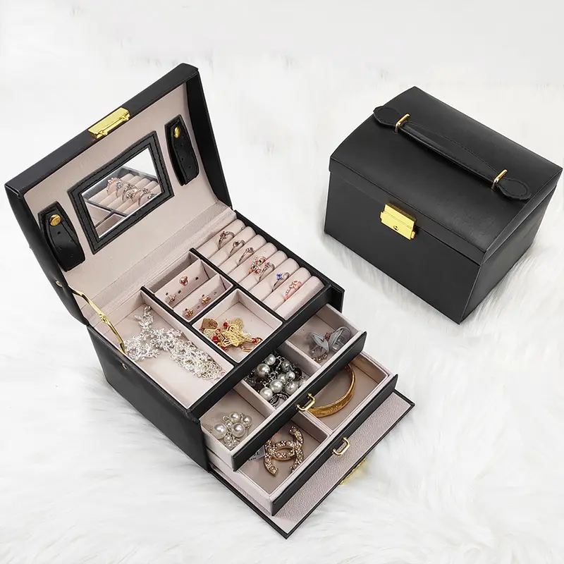 Wholesale Portable Travel PU Leather Jewelry Gift Box Packaging Organizer Storage Case With Logo Double Layer With Drawer Case