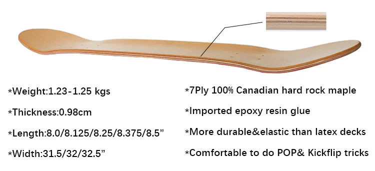 Размер на заказ 8,5 8,0 8,25 дюймов окрашенный 100% эпоксидный клей Pro деревянные скейтборды канадский клен 7 слоев