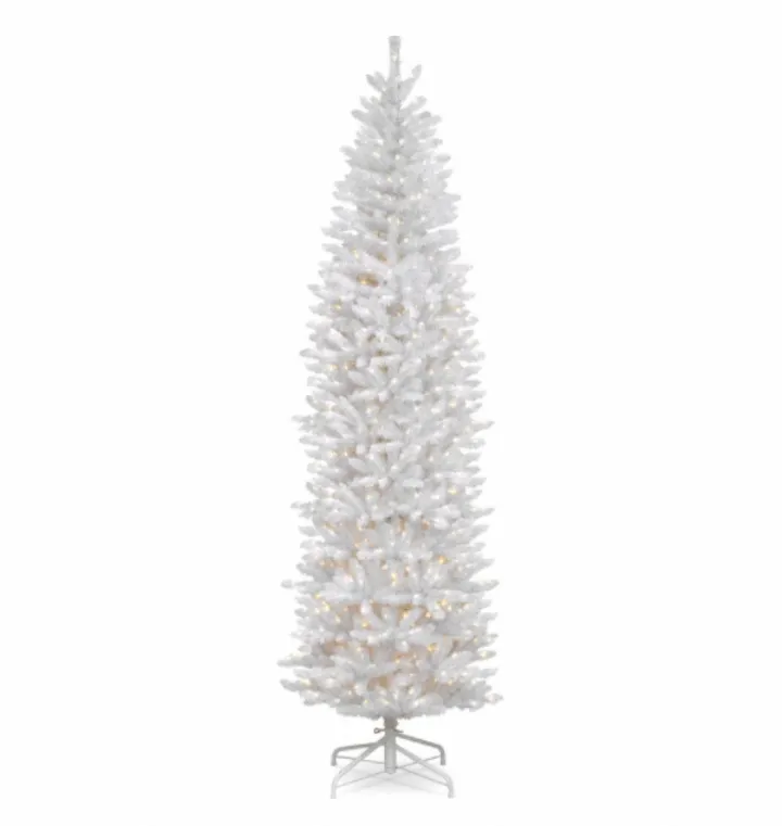 Nuovo stile 7.5pre-lit bianco albero incernierato matita sottile colore bianco albero di natale artificiale con piedini in metallo