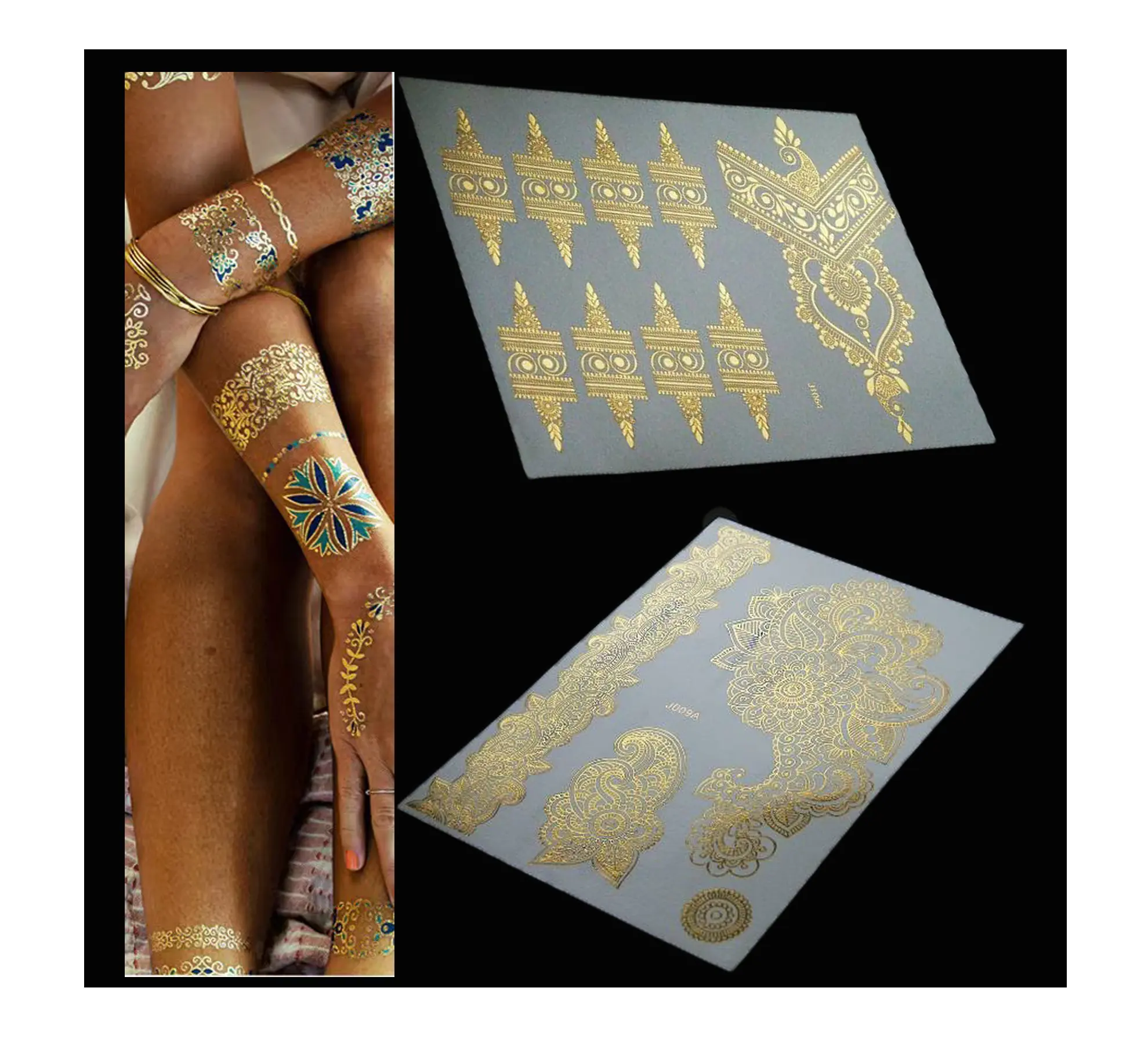 Lamina d'oro in metallo Flash argento dorato autoadesivo del tatuaggio autoadesivo temporaneo dei tatuaggi all'henné dorato adesivi per tatuaggi all'henné impermeabile