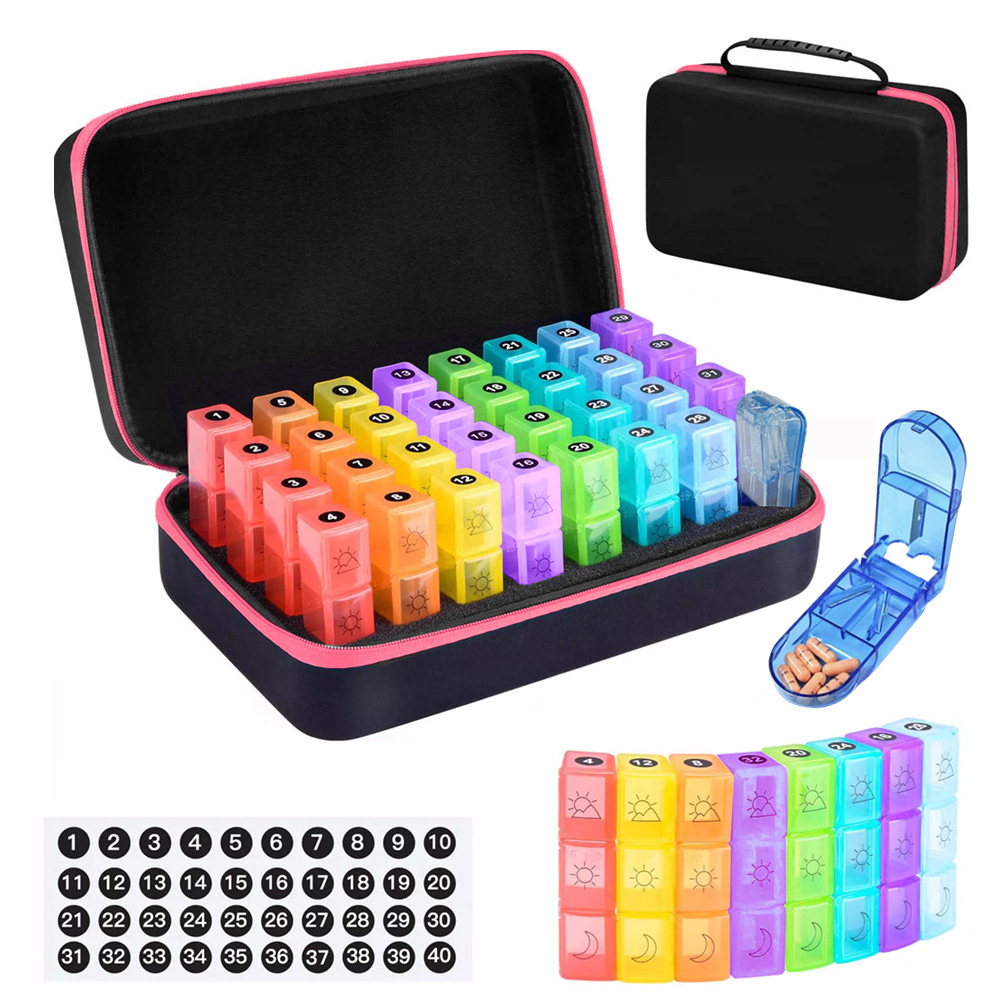 Sac rose avec boîte à médicaments à 31 compartiments - 1 coupe-comprimés
